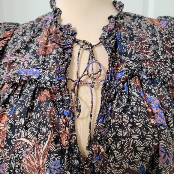 Ulla Johnson Size 0* Remy Puff Sleeve Blouse Tie Front Black Tan Sunburst - Picture 5 of 13